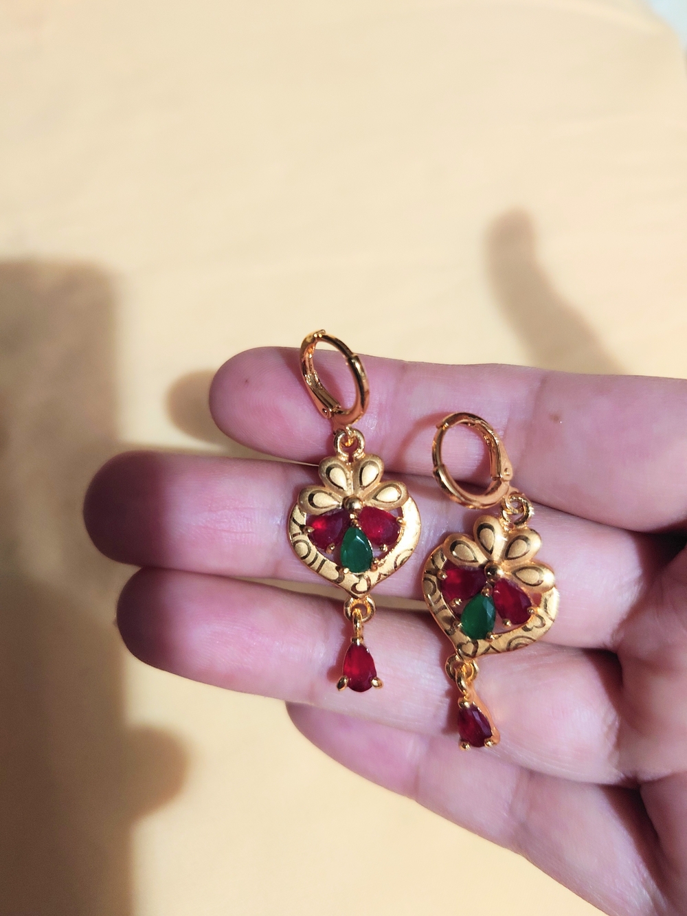 Gold-Tone Floral Heart Design Drop Earrings W/ Vibrant Red & Green Glass Stones